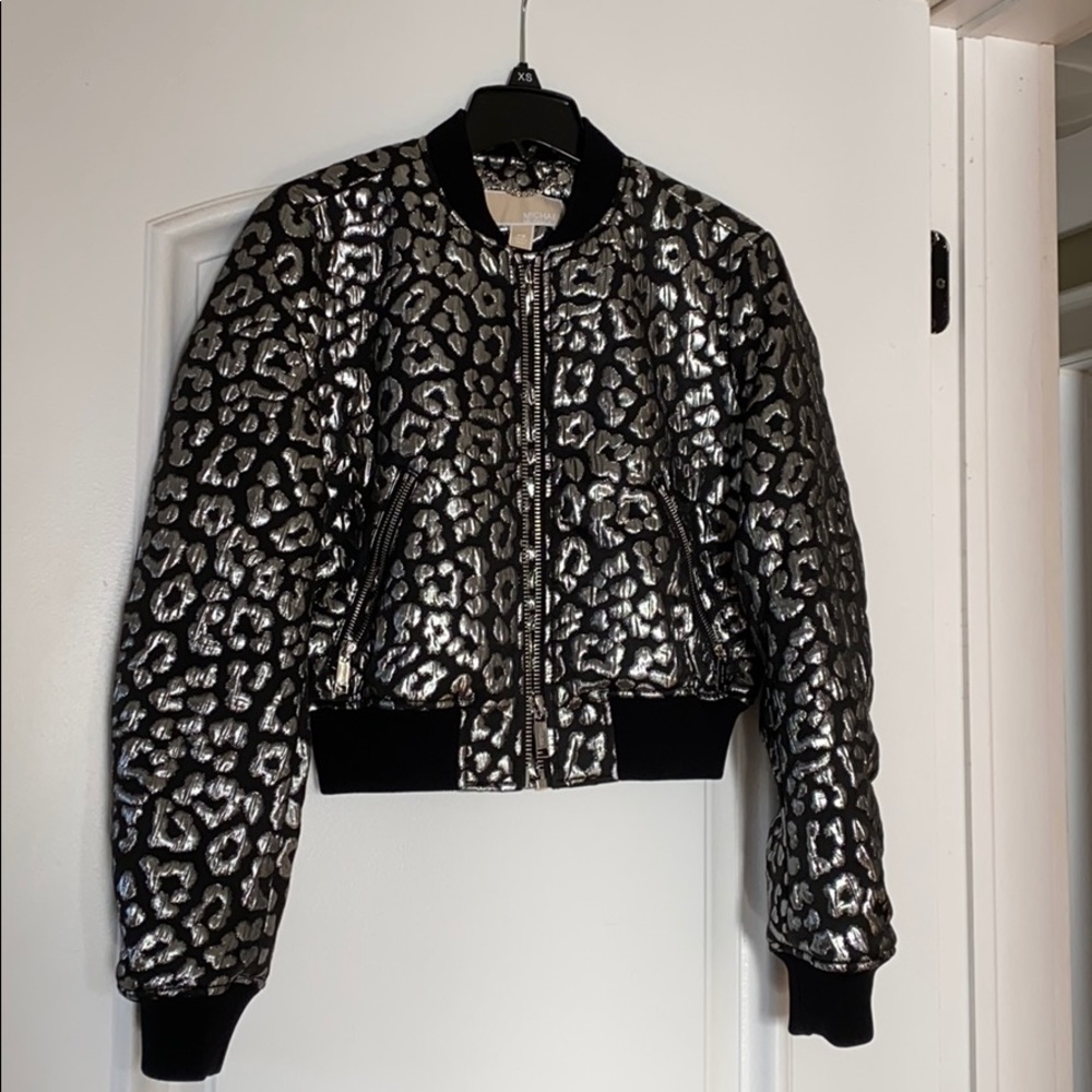 Metallic leopard bomber jacket